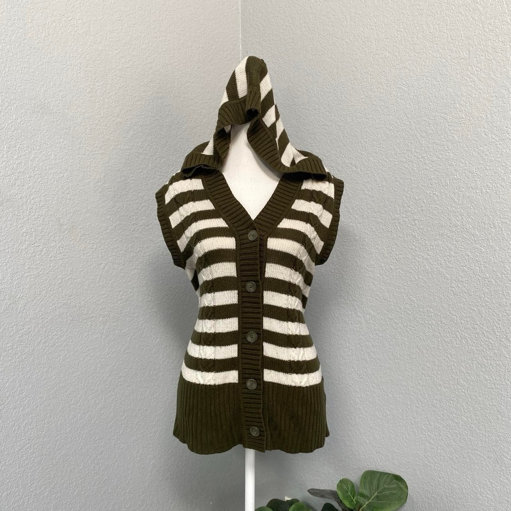 OLD NAVY OLIVE GREEN STRIPE BUTTON SWEATER HOODED VEST SLEEVELESS GRUNGE BOHO